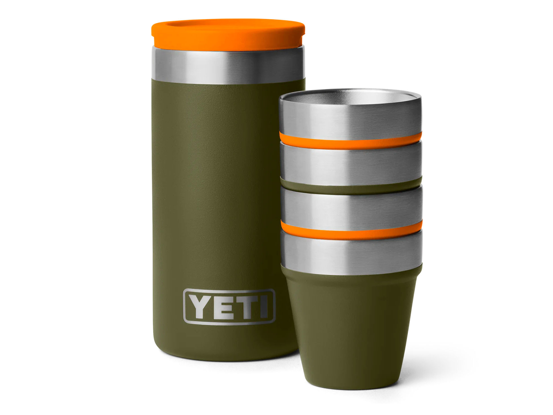YETI Shot Glasses With Case Olive & King Crab Orange Main Image yeti shot glasses olive and king crab orange